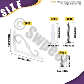 Swpeet 2Pcs 8'' Decorative Shelf Brackets, Heavy Duty Rustic Iron Metal Corner Shelf, Wall Mounted L Shape Floating Shelf Bracket Kit Contains 15MM/28MM Screws, Wall Anchors for DIY Open Shelf, White