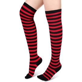 Geyoga Women's High Striped Tights Socks Christmas over Knee Striped Long Stockings(Black-red)