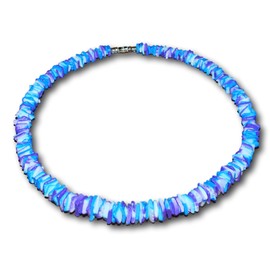 Native Treasure 19" Mens and Womens Summer Beach Party Necklace From the Philippines, Color-Fast White Rose Clam Chips Ark Shells Tie-Dyed Blue, Violet and White