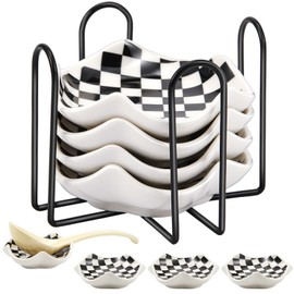 Teenyyou 5 Pieces Checkered Ceramic Spoon Rest with Holder Set Spoon Rest for Stove Top Checkered Coffee Spoon Rest Checkered Utensil Holder for Coffee Bar Kitchen Gadget Cooking Gift for Housewarming
