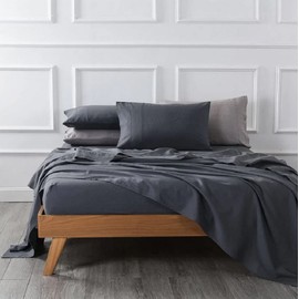 Royal Tradition Belgian Flax Linen and Cotton Blend Unattached Waterbed Sheet Set (Calking, Charcoal) Pre-Washed Linen Cotton, Breathable Percale Weave 150 GSM Waterbed Sheets