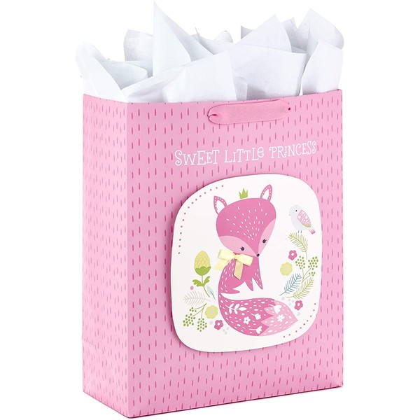 Hallmark 15" Extra Large Gift Bag with Tissue Paper (Sweet Little Princess Fox) for Baby Showers, Kids Birthdays, and More