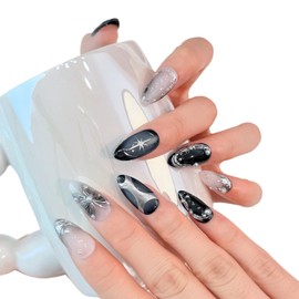 Yacey Handmade Press on Nails Short Almond, Reusable Soft Muti-Gel False Nails Press Ons, Gothic Thick Acrylic Fake Nails, 3D Artificial Bling Glossy Glue on Nails for Women Girls (10 Pcs, M)