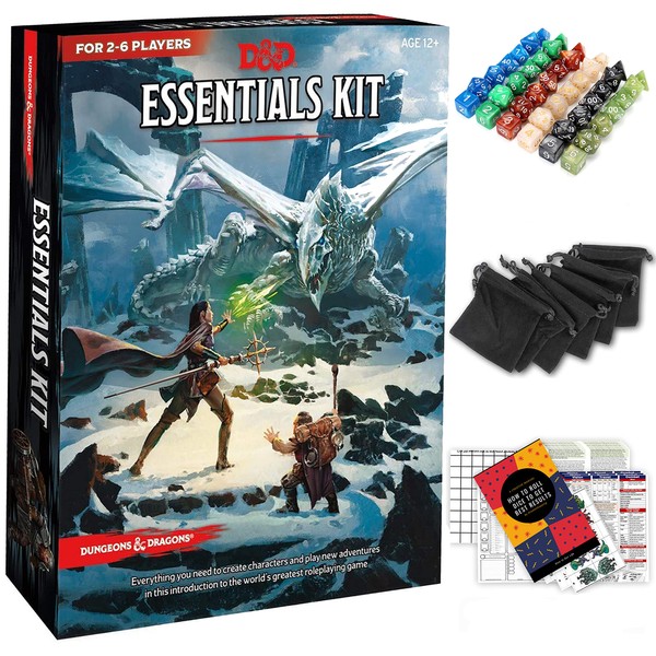 Dungeons and Dragons Essentials Kit - Starter Set & Extra 6 Dice Sets, Flannel Bags, Master Screen, Figures, New Heroes, Dice Guide, Statistic Sheets - DND 5th Edition Rolling Board Game for Friends