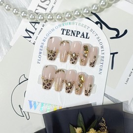 TENPAL Handmade Leopard Cat Eye French Glitter Design Fake Nails,Resuable 10Pcs Press on Nails Medium Kit,Luxury Coffin Shaped Glam Glue on Nails for Women Daily Use, Bridal,Autumn Winter Parties(XS)