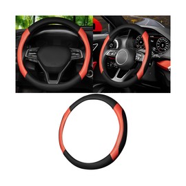 Sandfren Car Steering Wheel Cover, Carbon Fiber Leather Breathable Vehicle Wheel Protector, Anti Slip 15 Inch Automotive Interior Accessories, Universal for 15 Inch SUV, Sedan, Truck (Black/Orange)