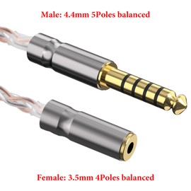 GEEKRIA 4.4MM Balanced Male to 3.5MM Balanced Female Headphones Plug Adapter, Copper and Silverplated Upgrade Conversion Audio Dongle Plug (0.5ft)
