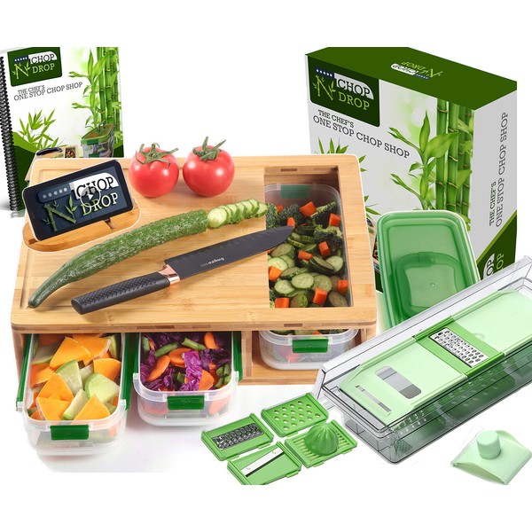 Smart Bamboo Cutting Board With Containers, Locking Lid, and Built-in GRATER. Easy To Clean Food Prep Station With Trays. Extra Large Smart Cutting Board Set with Stackable Containers For Easy Storage