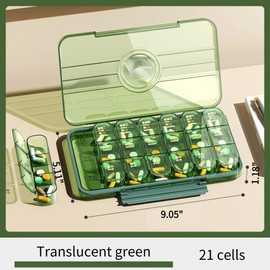 Weekly Pill Organizer 3 Times A Day, Large Capacity Pill Case with 21 Cells, Push Button 7 Day Pill Box for Vitamin/Cod Liver Oil/Supplements (Translucent Green,21 Cells)