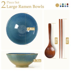 NUTRIUPS 8 Inch Ceramic Ramen Bowl Set of 2 Pho Bowls 40oz Japanese Noodle Udon Soup Bowls with Spoons and Chopsticks (Ice Crack Blue)