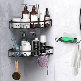 Kerisgo Corner Shower Caddy, 3 Pack Adhesive Bathroom Shower Corner Organizer Shelf with Soap Holder, No Drilling Rustproof Wall Mounted Shower Storage Rack，Organizer (Matte Black)