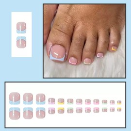 YIHONGYAN Press on Short Toenails Spring Nude Fake Toe Nails Press on Colored French Tips Nails Toenails Full Cover Stick on Nails Reusable for Women Artificial Acrylic Manicure Kit Gift 24Pcs