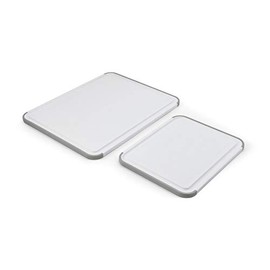 KitchenAid Classic Nonslip 2-Piece Plastic Cutting Board Set with Perimeter Trench and Non Slip Edges, 2-Piece Kitchen Chopping Boards, Dishwasher-Safe, White and Gray
