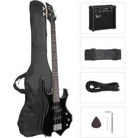 GLARRY Electric Bass Guitar 4 Strings Buring Fire Style Single Coil - Split Single Coil Pickups for Beginner Adults Right Hand w/ 20W Amp, Bag, Strap and Cord