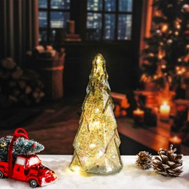 taman Glass Christmas Tree, Sparkling Mercury Light Up Christmas Tree Warm Lights Tabletop Decoration for Christmas Holiday Indoor Decorations