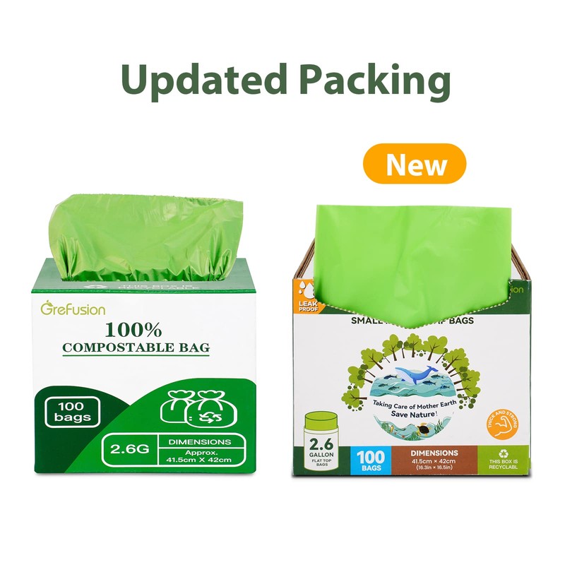 GreFusion 2.6 Gallon Compostable Trash Bags, 100 Count, Extra Thick