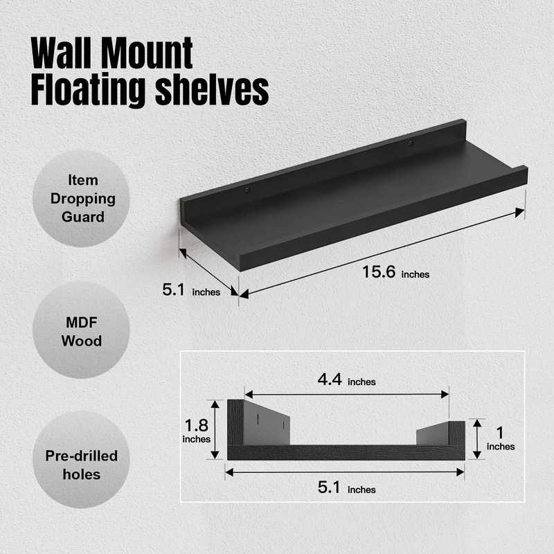 RICHER HOUSE 5 Set Floating Wall Mounted Shelves, Black Shelves