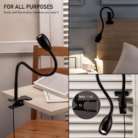 O'Bright Lumos - Versatile Clip-on Lamp: Zoomable Spotlight, Dimmable LED, Flexible Gooseneck, 4000K Light, 100% Metal Clamp - Ideal for Reading, Crafting, Work, and Headboards, Black