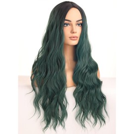 BERON Dark Green Wigs for Women Long Curly Wavy Hair Wig for Girls Black Ombre Green Middle Part Heat Resistant Synthetic Hair Wigs for Daily Used
