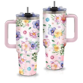 xiiai Floral Gifts for Women - Floral Tumbler 40oz with Handle and Straws, Leak-proof, Stainless Steel Insulated Travel Coffee Mugs Flower Themed Cups, Female Birthday Christmas Gifts