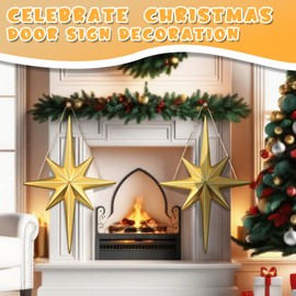 Quzzil 2 Pcs Christmas Bethlehem Star Hanging Sign Wooden Christmas Welcome Decor Bethlehem Star Door Sign Wall Plaque Xmas Decoration for Fireplace Home Indoor Outdoor Decor