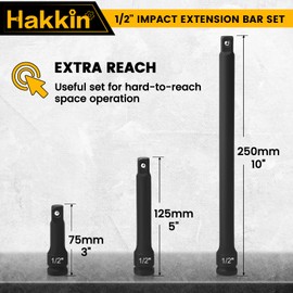 Hakkin Impact Socket Extension Bar Set 3Pcs 1/2” Drive Extensions Socket Tool Extender for Manual Pneumatic Torque Wrench, Electric Wrench, Ratchet Wrench 75mm 125mm 250mm