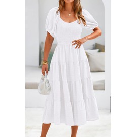 PRETTYGARDEN Womens Smocked Top V Neck Spring Dresses for Wedding Guest Short Sleeve Casual Tiered Maxi Dress Long Dresses (White,XX-Large)