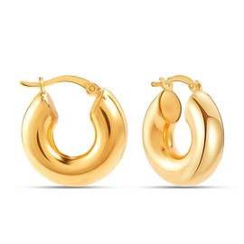 LeCalla 925 Sterling Silver Small Chunky Hoop Earrings for Women | 14K Gold-Plated Minimalist Puffed Hoops Earring | Women's Round Hoop Earrings 18MM