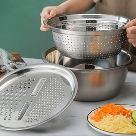 Multifunctional Stainless Steel Basin, Graters for Kitchen, 3 in 1 Multifunctional Kitchen Grater, Stainless Steel Grater Basin, Kitchen Grater Set, Kitchen Tools 3 Set, 26cm