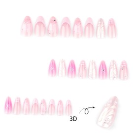 Almond Press on Nails French Tip Fake Nails Stars and Wave with Rhinestone Design Pearl False Nails Pink Stick on Nail Gradient Full Cover Glue on Nail for Women DIY Salon Manicure Decor Supplies