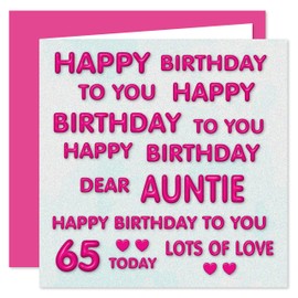 Auntie 65th Happy Birthday Card - Happy Birthday To You Dear Auntie - Perfect Pink Design - 65 Today