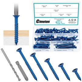 Cimeton 102PCS 5 Sizes 1/4” Blue Flat Head Concrete Screws Self Tapping Cement Screws with Drill Bit Assortment Kit for Anchoring to Masonry Block Brick