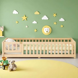 Twin Size Toddler Floor Bed with Wood Slats and Door, Wood Montessori Bed Frame with Safety Guardrails, Playhouse Floor Bed, Wooden Platform Bedframe for Kids Girls and Boys, No Box Spring Needed