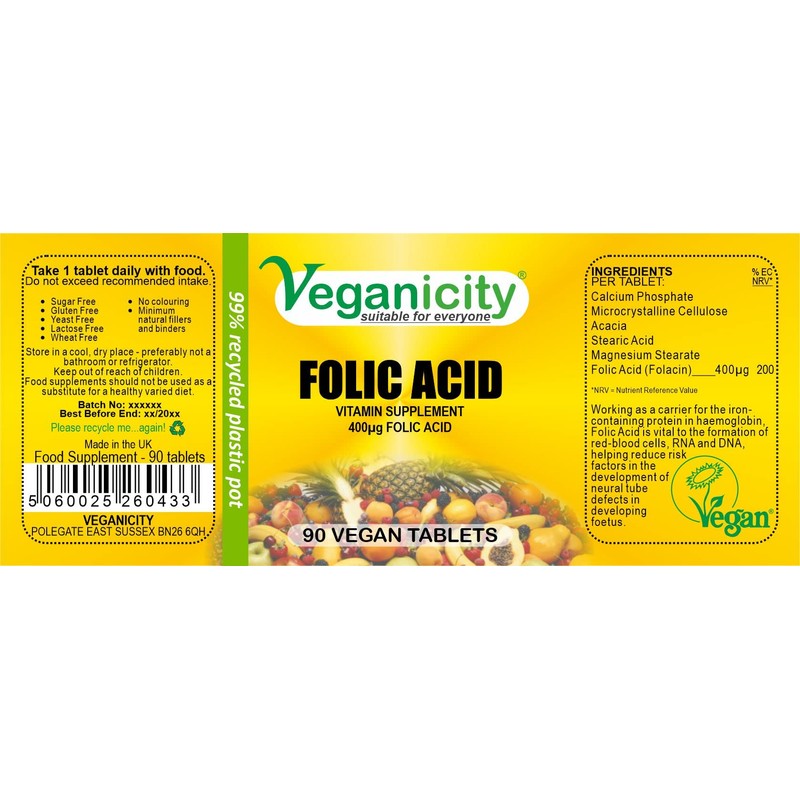 Veganicity Folic Acid 400µg : B Vitamin Supplement - 90