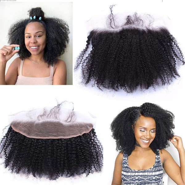 Mongolian Afro Kinky Curly Human Hair Closure 4B 4C Short Afro Curly 4"x4"Swiss Lace Top Closure Piece Free Part with Baby Hair Natural Color 8"inch (8 Inch, 13X4 Frontal)