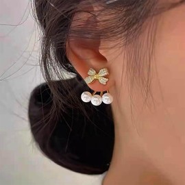 TseenYi Crystal Bow Pearl Earrings Gold CZ Bow Earrings Vintage Pearl Ear Jacket Earrings Pave Rhinestone Bowknot Earrings Cubic Bow Tie Earrings Two Way Earrings Jewelry for Women and Girls