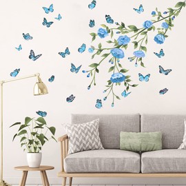 Flower Wall Decals Tree Branch Wall Stickers Peel and Stick Removable DIY Floral Butterflies Wall Decals Tree Leaves Plant Wall Art Stickers Murals for Home Wall Decor (Blue)