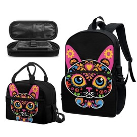 Uskorhein Art Floral Cat Backpack Elementary Primary Students Bookbag with Lunch Box Pencil Case for Kids Youth High School Bag Bagpack Shoulder Bags