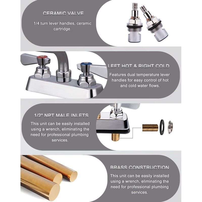 Phivan Commercial Sink Faucet 4 Inch Center Deck Mount Bar