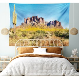 ambesonne Saguaro Cactus Decoración Collection, Blooming brittlebush superstición Wilderness por la montaña Phoenix View, recámara Salón recámara Pared Hanging Tapestry, 203,2 x 152,4 cm, Naranja café