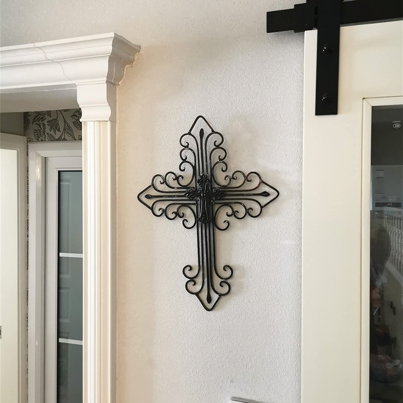Yamfurvo Antique Wall Mount Layered Cross, Metal Scrolled Wall Art