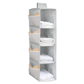 QUMENEY Hanging Wardrobe Storage Closet Organiser Hanging Storage Shelves With Side Pockets Clothes Organiser Space-Saving and Foldable Bedroom Storage Grey (4 Layers)