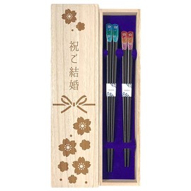 Couple Chopsticks, Rainbow Flowers, Blue, Red, Choose from Design, Paulownia Box and Wrapping, Wedding Gift, Gift (Paulownia Box Design 1)
