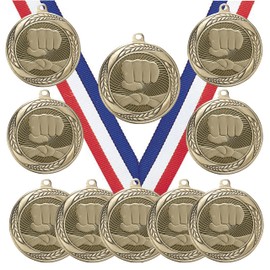 10 Pack of Martial Arts Gold Medals Trophy Award with Neck Ribbons MS2