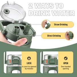 BLUEGO 32oz Glass Water Bottle with Handle and Straw|Leakproof Sports Glass Bottle with Time Marker and Silicone Sleeve|Glass Drinking Bottle for Travel, Gym, Workout, Olive