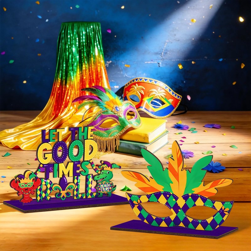 KSKSPE 4Pcs Mardi Gras Wooden Table Centerpiece Decorations