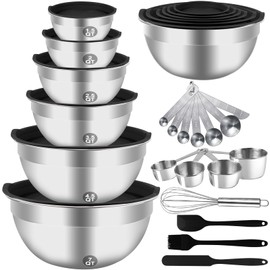 WEPSEN Mixing Bowls Set, 27PCS Stainless Steel Mixing Bowl with Lid Set, Large Nesting Bowls 7, 4.5, 3, 2.5, 2, 1.5QT, Measuring Cups and Spoons Baking Utensils Metal Bowl for Kitchen Prep