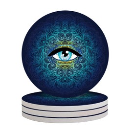 Round Drinks Absorbent Ceramic Stone Drink Coaster (4-Piece Set) with Ceramic Stone and Cork Base for Kinds of Mugs, Cups and Tabletop Protection (Eye of Providence)