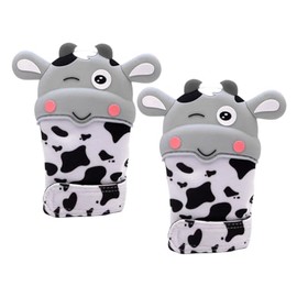 Guante Mordedera para Bebé de Silicona Grado Alimenticio, 1 Par - Alivio de Dentición y Dolor de Encías, Diseño de Vaca Bonita, Libre de BPA, Textura Sensorial Ajustable (Gris)