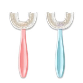 U Shaped Toothbrush Kids 6-12 Years - Two Soft Toothbrushes, Travel Case & Sensory Toothbrush - Rounded Kids Size Head - 1 Pink, 1 Blue